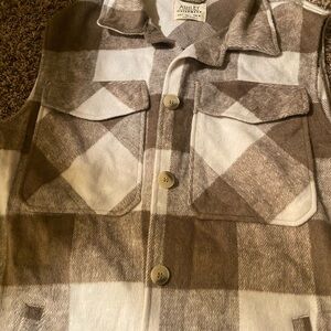Plaid flannel sleeveless long jacket
